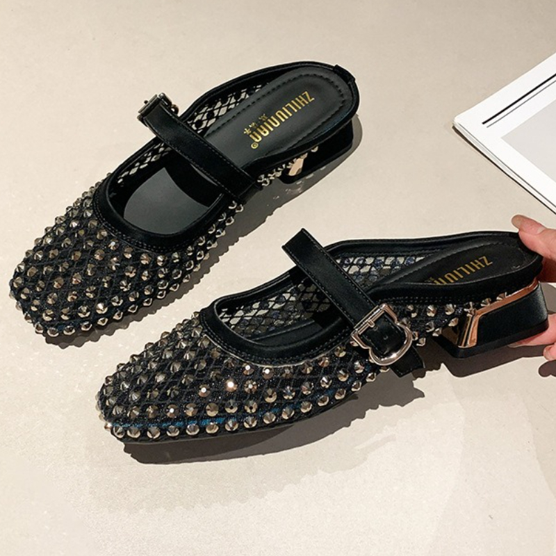 Mesh Rhinestone Chunky Heel Mu - Mule Slip On ulasan dan harga