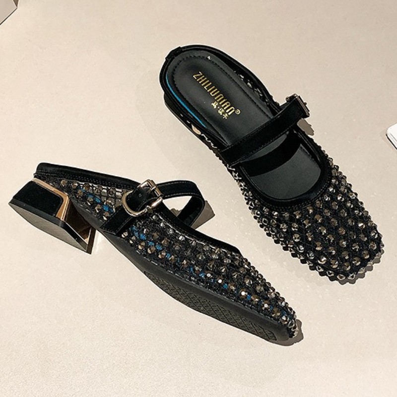 Mesh Rhinestone Chunky Heel Mu - Mule Slip On ulasan dan harga